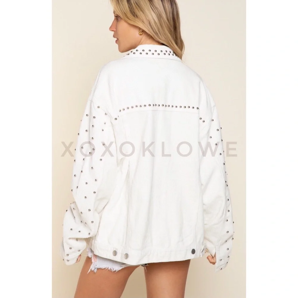 POL Oatmeal Beige Studded Corduroy Trucker Jacket Relaxed Fit - Picture 9 of 14